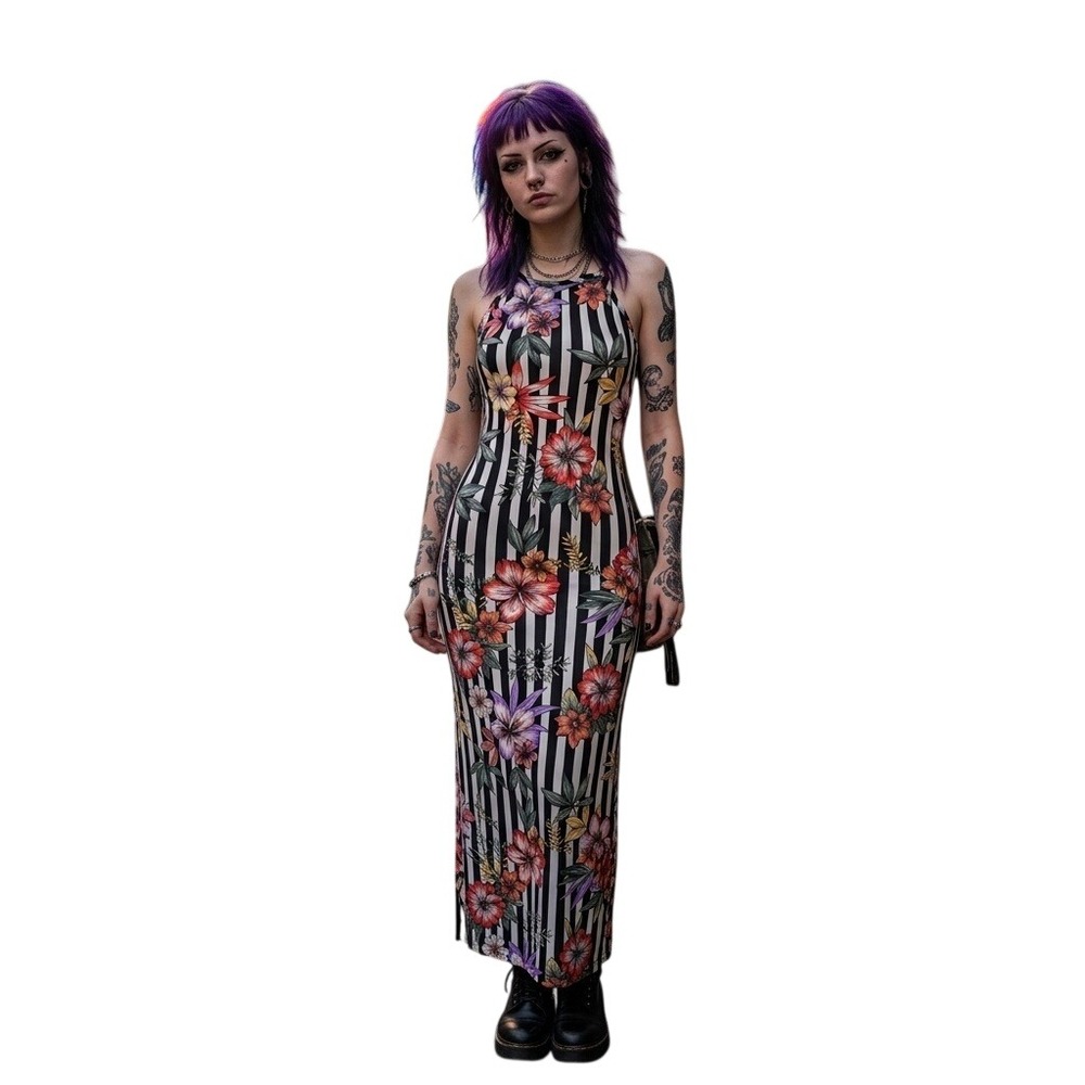 Y2K Black & White Stripe Floral Bodycon Maxi Dress Size S Grunge Goth